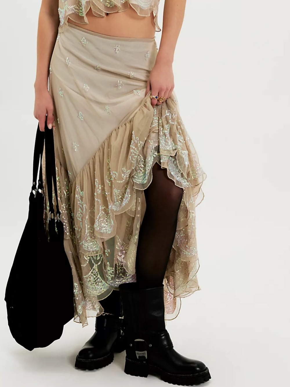 Free People Ciara Shimmer Ethereal Beaded Embellished Midi Skirt  XS